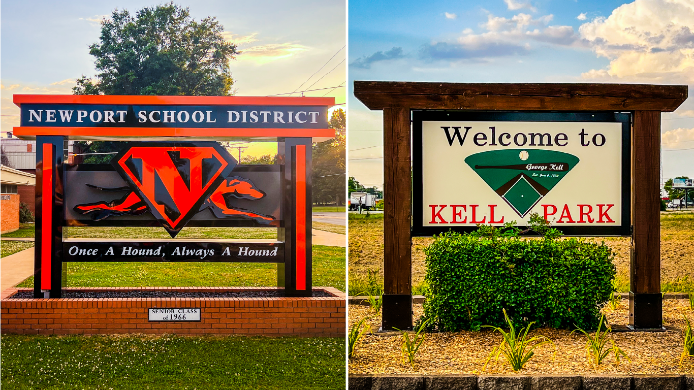 split image of Newport school district sign and George Kell Park Sign